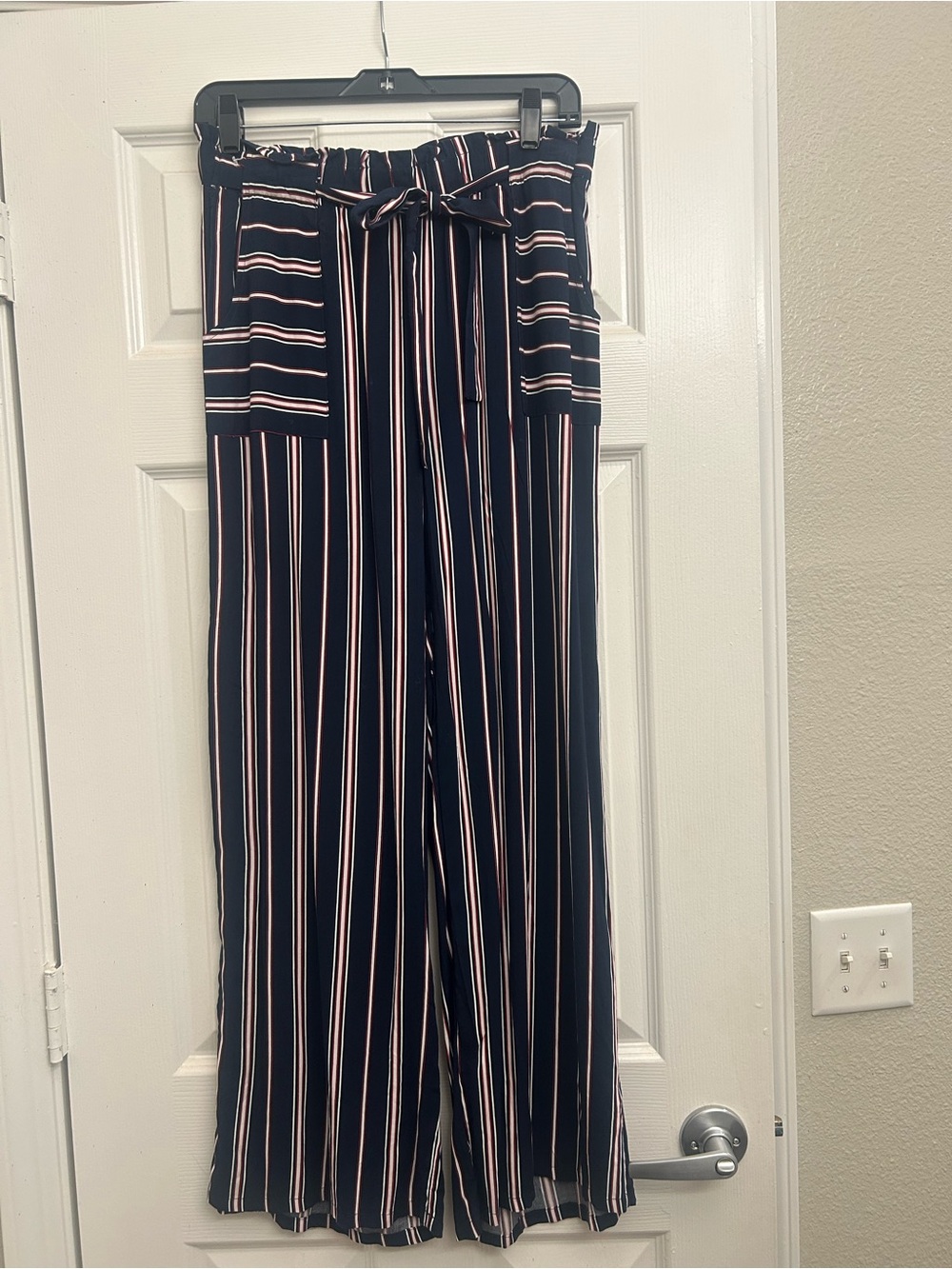 Joe Benbasset Navy Wide-Leg Striped Pants with Tie Waist